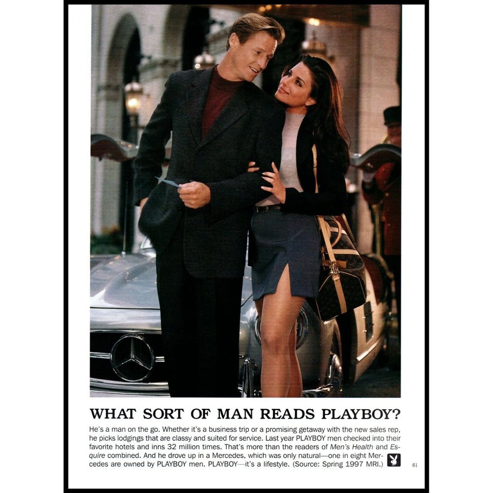 1998 What Sort of Man Reads Playboy Vintage Print Ad Mercedes Vuitton Bag Art
